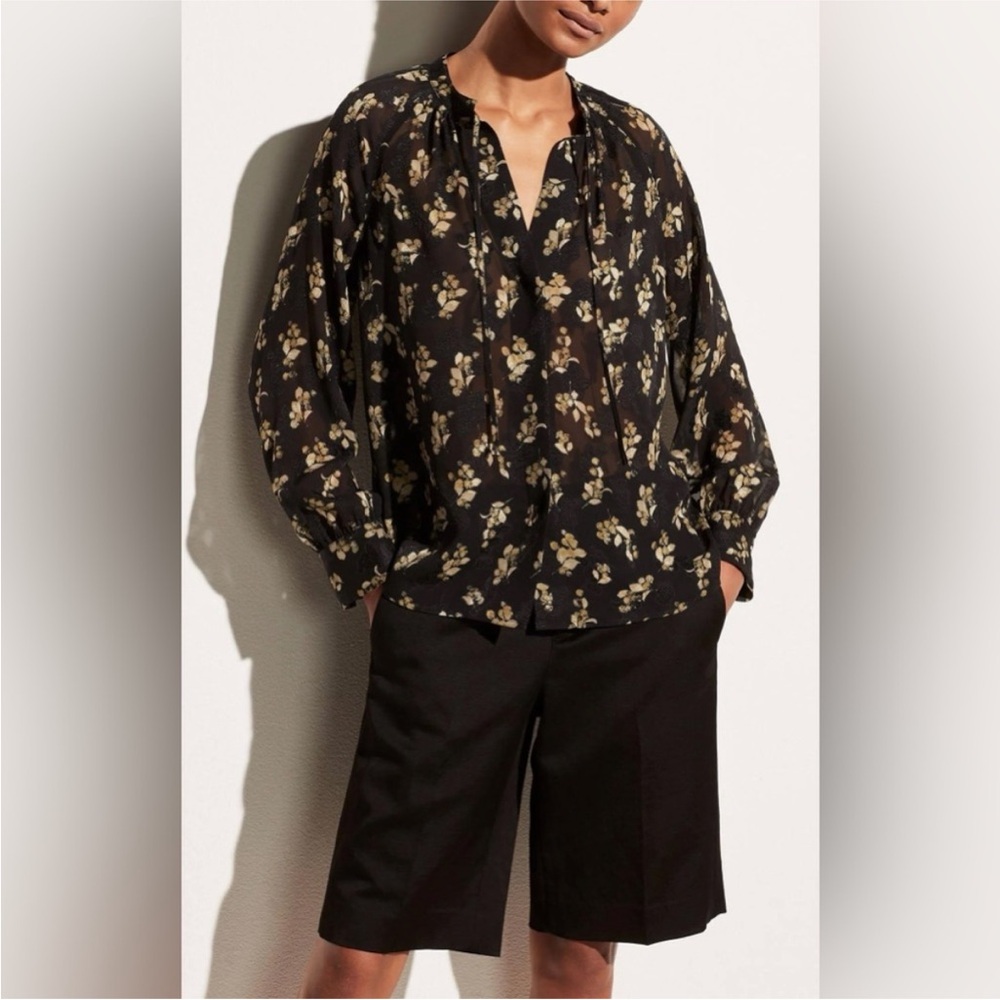 Vince Dandelion Poet Blouse Gathered Floral Print Silk Crepon Black Printed Top - Picture 5 of 13